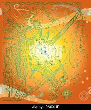 Vektor hand Zeichnung Abbildung zentangle Magic Horse in verschiedenen Farben auf Farbübergang Hintergrund isoliert. Bunte doodle Einhorn Abbildung mit Stock Vektor