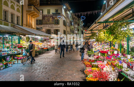 Bozen am Abend während der Weihnachtszeit. Trentino Alto Adige, Italien. Stockfoto