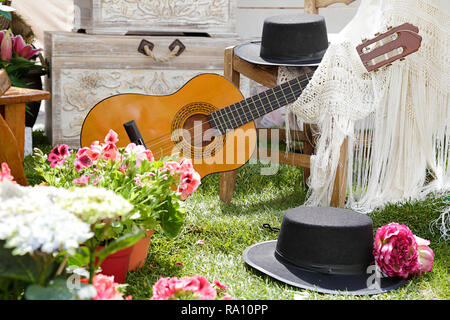 Klassische spanische Gitarre mit Flamenco Elemente und Blumen Stockfoto