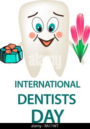 World Dental Tag. Internationale Zahnarzt Tag. Zahn mit einem Lächeln auf seinem Gesicht mit einem Geschenk und einem Blumenstrauß in der Hand. Cartoon Stil. Vector Illustration Stock Vektor