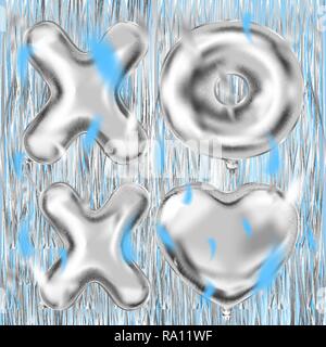 Silber XOXO Schriftzug und Herzform Ballons auf dem metallischen fringe Vorhänge schimmern Vorhang. Design für Valentinstag, Geburtstag, Hochzeit, Party und Chr Stock Vektor