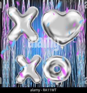 Silber XOXO Schriftzug und Herzform Ballons auf dem metallischen fringe Vorhänge schimmern Vorhang. Design für Valentinstag, Geburtstag, Hochzeit, Party und Chr Stock Vektor