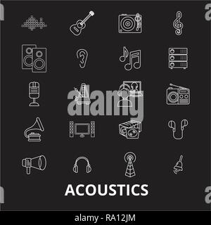 Akustik bearbeitbare Zeile Symbole Vektor auf schwarzen Hintergrund. Akustik weißer Umriss Abbildungen, Zeichen, Symbole Stock Vektor
