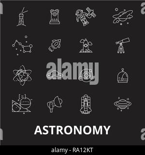 Astronomie bearbeitbare Zeile Symbole Vektor auf schwarzen Hintergrund. Astronomie weißer Umriss Abbildungen, Zeichen, Symbole Stock Vektor