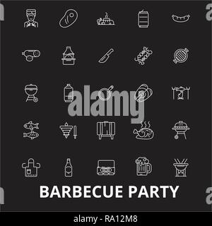 Grillparty bearbeitbare Zeile Symbole Vektor auf schwarzen Hintergrund. Grillparty weißer Umriss Abbildungen, Zeichen, Symbole Stock Vektor