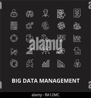 Big Data Management bearbeitbare Zeile Symbole Vektor auf schwarzen Hintergrund. Big Data Management weißer Umriss Abbildungen, Zeichen, Symbole Stock Vektor