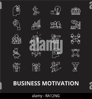Geschäftliche Motivation bearbeitbare Zeile Symbole Vektor auf schwarzen Hintergrund. Geschäftliche Motivation weißer Umriss Abbildungen, Zeichen, Symbole Stock Vektor