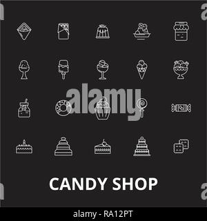 Candy shop bearbeitbare Zeile Symbole Vektor auf schwarzen Hintergrund. Candy shop weißer Umriss Abbildungen, Zeichen, Symbole Stock Vektor