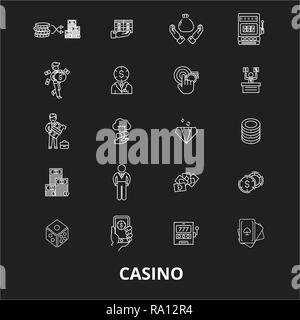 Casino bearbeitbare Zeile Symbole Vektor auf schwarzen Hintergrund. Casino weißer Umriss Abbildungen, Zeichen, Symbole Stock Vektor