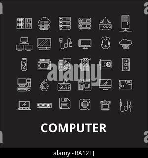 Computer bearbeitbare Zeile Symbole Vektor auf schwarzen Hintergrund. Computer weißer Umriss Abbildungen, Zeichen, Symbole Stock Vektor