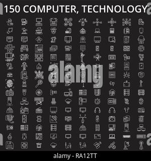 Computer, Technik bearbeitbare Zeile Symbole Vektor auf schwarzen Hintergrund. Computer, Technologie weißer Umriss Abbildungen, Zeichen, Symbole Stock Vektor