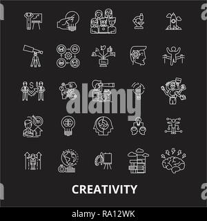 Kreativität bearbeitbare Zeile Symbole Vektor auf schwarzen Hintergrund. Kreativität weißer Umriss Abbildungen, Zeichen, Symbole Stock Vektor