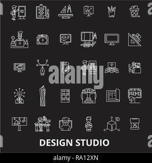 Design Studio bearbeitbare Zeile Symbole Vektor auf schwarzen Hintergrund. Design Studio weißer Umriss Abbildungen, Zeichen, Symbole Stock Vektor