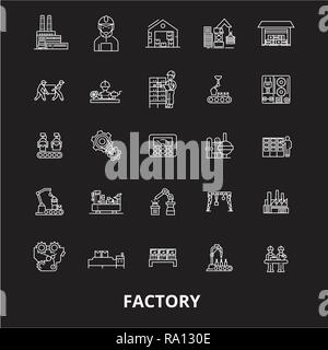 Factory bearbeitbare Zeile Symbole Vektor auf schwarzen Hintergrund. Factory weißer Umriss Abbildungen, Zeichen, Symbole Stock Vektor
