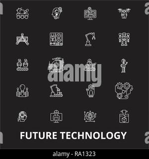 Zukunft Technik bearbeitbare Zeile Symbole Vektor auf schwarzen Hintergrund. Technik der Zukunft weißer Umriss Abbildungen, Zeichen, Symbole Stock Vektor