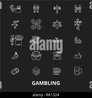 Glücksspiel bearbeitbare Zeile Symbole Vektor auf schwarzen Hintergrund. Glücksspiel weißer Umriss Abbildungen, Zeichen, Symbole Stock Vektor