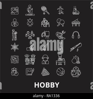 Hobby bearbeitbare Zeile Symbole Vektor auf schwarzen Hintergrund. Hobby weißer Umriss Abbildungen, Zeichen, Symbole Stock Vektor