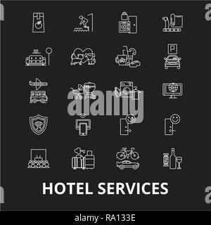 Hotel Dienstleistungen bearbeitbare Zeile Symbole Vektor auf schwarzen Hintergrund. Hotel Service weißer Umriss Abbildungen, Zeichen, Symbole Stock Vektor