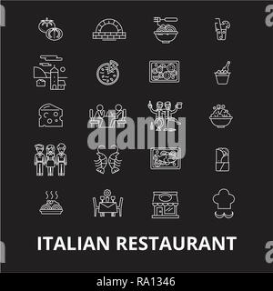 Italienisches Restaurant bearbeitbare Zeile Symbole Vektor auf schwarzen Hintergrund. Italienisches Restaurant weißer Umriss Abbildungen, Zeichen, Symbole Stock Vektor