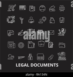 Rechtliche Dokumente bearbeitbare Zeile Symbole Vektor auf schwarzen Hintergrund. Rechtliche Dokumente weißer Umriss Abbildungen, Zeichen, Symbole Stock Vektor