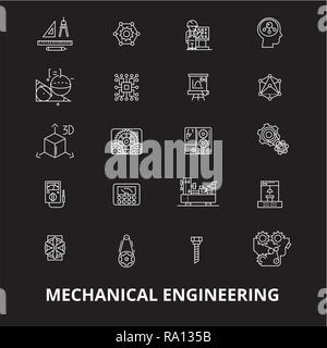 Maschinenbau bearbeitbare Zeile Symbole Vektor auf schwarzen Hintergrund. Maschinenbau weißer Umriss Abbildungen, Zeichen, Symbole Stock Vektor
