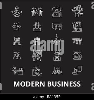 Moderne Unternehmen bearbeitbare Zeile Symbole Vektor auf schwarzen Hintergrund. Moderne Unternehmen weißer Umriss Abbildungen, Zeichen, Symbole Stock Vektor