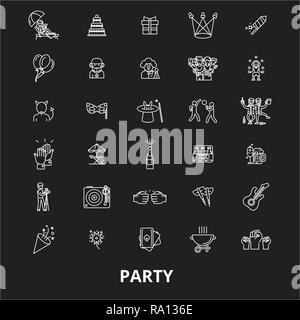 Partei bearbeitbare Zeile Symbole Vektor auf schwarzen Hintergrund. Party weißer Umriss Abbildungen, Zeichen, Symbole Stock Vektor