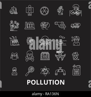 Umweltverschmutzung bearbeitbare Zeile Symbole Vektor auf schwarzen Hintergrund. Umweltverschmutzung weißer Umriss Abbildungen, Zeichen, Symbole Stock Vektor