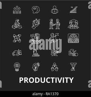 Produktivität bearbeitbare Zeile Symbole Vektor auf schwarzen Hintergrund. Produktivität weißer Umriss Abbildungen, Zeichen, Symbole Stock Vektor
