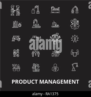 Projektmanagement Symbole bearbeitbare Zeile Symbole Vektor auf schwarzen Hintergrund. Projektmanagement Symbole weißer Umriss Abbildungen, Zeichen, Symbole Stock Vektor