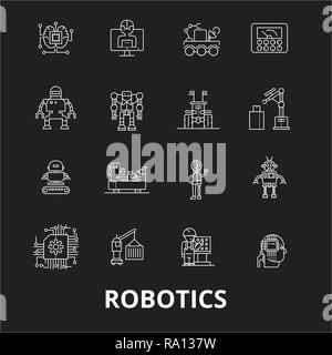 Robotik bearbeitbare Zeile Symbole Vektor auf schwarzen Hintergrund. Robotik weißer Umriss Abbildungen, Zeichen, Symbole Stock Vektor