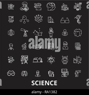 Wissenschaft bearbeitbare Zeile Symbole Vektor auf schwarzen Hintergrund. Wissenschaft weißer Umriss Abbildungen, Zeichen, Symbole