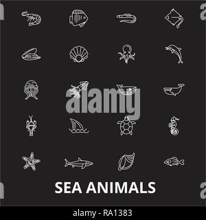 Meer Tiere bearbeitbare Zeile Symbole Vektor auf schwarzen Hintergrund. Meer Tiere weißer Umriss Abbildungen, Zeichen, Symbole Stock Vektor