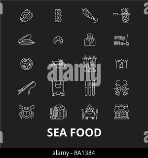 Sea Food Symbole bearbeitbare Zeile Symbole Vektor auf schwarzen Hintergrund. Sea Food Symbole weißer Umriss Abbildungen, Zeichen, Symbole Stock Vektor