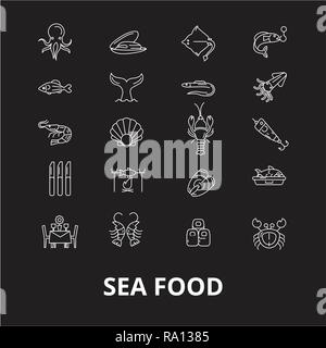 Sea Food Restaurant bearbeitbare Zeile Symbole Vektor auf schwarzen Hintergrund. Sea Food Restaurant weißer Umriss Abbildungen, Zeichen, Symbole Stock Vektor