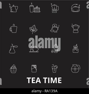 Teatime bearbeitbare Zeile Symbole Vektor auf schwarzen Hintergrund. Teatime weißer Umriss Abbildungen, Zeichen, Symbole Stock Vektor