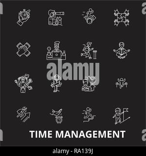 Zeit-management bearbeitbare Zeile Symbole Vektor auf schwarzen Hintergrund. Zeitmanagement weißer Umriss Abbildungen, Zeichen, Symbole Stock Vektor
