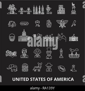 Usa bearbeitbare Zeile Symbole Vektor auf schwarzen Hintergrund. Usa weißer Umriss Abbildungen, Zeichen, Symbole Stock Vektor