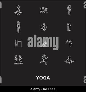 Yoga bearbeitbare Zeile Symbole Vektor auf schwarzen Hintergrund. Yoga weißer Umriss Abbildungen, Zeichen, Symbole Stock Vektor