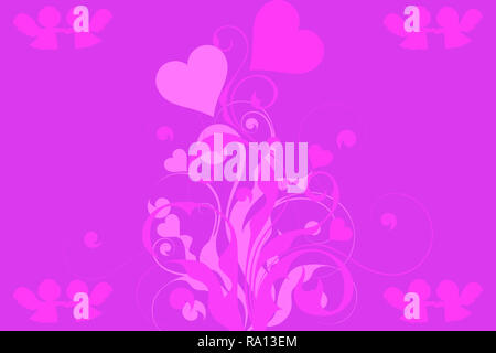 Rosa und Lila Valentines Tag Hintergrund, eine Anlage mit Herzen und Engel halten sich an den Händen Stockfoto