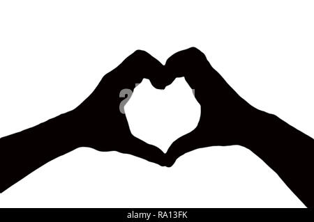 Silhouette von zwei Händen, die Form eines Herzens zusammen auf einem weißen Hintergrund, Valentines Tag Konzept Stockfoto