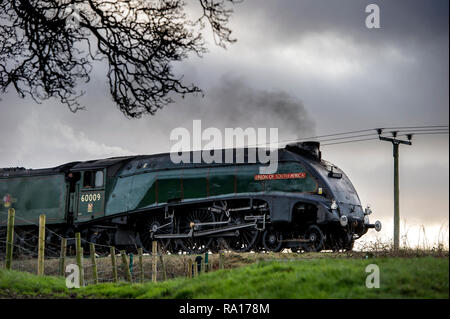 Grate Country Park, Bury, Greater Manchester UK. 29. Dezember, 2018. Loco Legende die Südafrikanische Union Fahrgäste entlang der East Lancashire Railway auf Grate Country Park, Bury, Hols am letzten Samstag des Jahres. Bild von Paul Heyes, Samstag, 29. Dezember 2018. Credit: Paul Heyes/Alamy leben Nachrichten Stockfoto