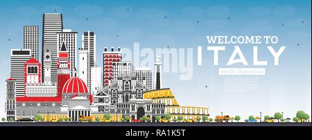 Nach Italien Skyline mit grauen Gebäuden und blauer Himmel willkommen. Berühmte Sehenswürdigkeiten in Italien. Vector Illustration. Business Travel und Tourismus Konzept Stock Vektor