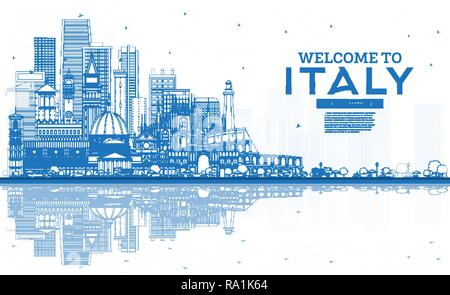 Überblick Willkommen in Italien die Skyline der Stadt mit blauen Gebäude und Reflexionen. Berühmte Sehenswürdigkeiten in Italien. Vector Illustration. Reise und Tourismus Konzept Stock Vektor