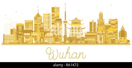 Wuhan China City Skyline Silhouette mit goldenen Gebäude isoliert auf Weiss. Vector Illustration. Business Travel und Tourismus Konzept. Stock Vektor