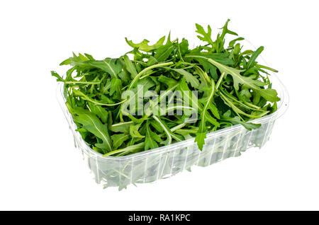 Frisches Grün Rucola im Paket auf weißem Hintergrund. Studio Foto Stockfoto