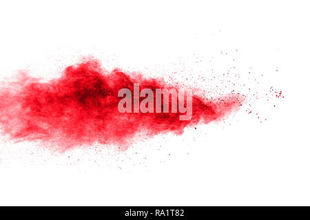 Abstrakte explosion Der Rote Staub auf weißem Hintergrund. Abstrakt rot Pulver splatter für den Hintergrund. Freeze motion Der rote Pulver spritzen. Stockfoto