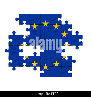 EU-Krise Konzept: Unvollständige EU-Flagge Puzzle mit fehlenden Stücke, 3D-Illustration vor einem weißen Hintergrund Stockfoto