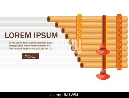 Flöte pan mit traditionellen Muster Indianer. American Music Instrument. Flache Vector Illustration auf weißem Hintergrund. Für Text platzieren. Website Seite und Stock Vektor