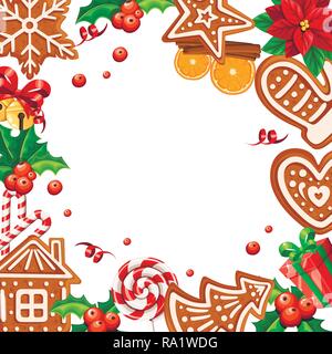 Gingerbread cookies Muster. Weihnachten Konzept für die glückwunschkarte. Flache Vector Illustration auf weißem Hintergrund. Leeren Raum in der Mitte. Stock Vektor